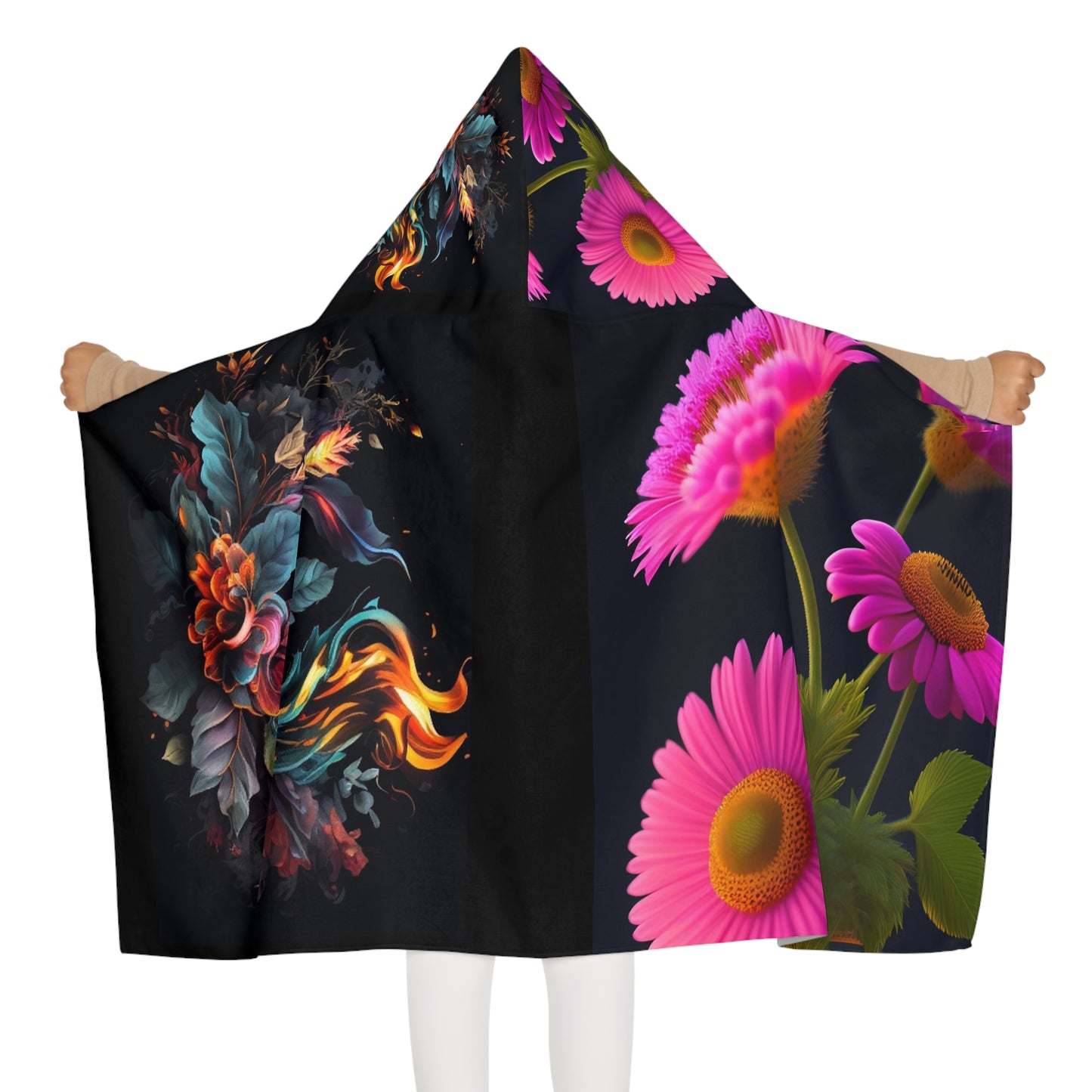 Youth Hooded Towel with Floral and Fiery Design, Cute Bathrobe for Kids, Beach or Pool Cover-Up, Perfect Summer Gift for Children