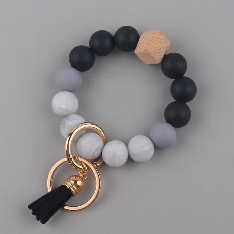 Creative Anti-Loss Women Wristlet Bracelet Keychain Food Grade Silicone round Beaded Keyring for Lobster Clasp Keychain Jewelry