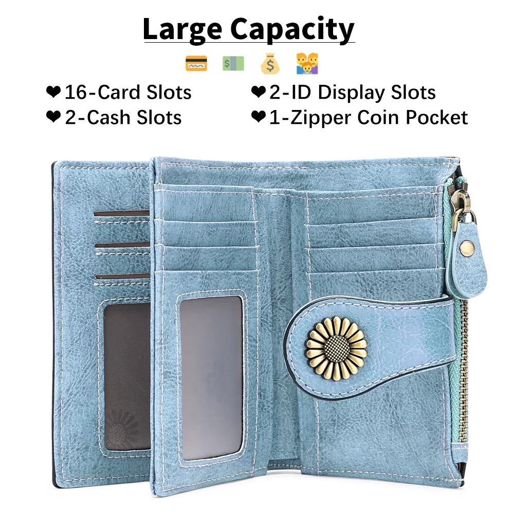 Small Women Wallet Genuine Leather Bifold Purse RFID Blocking Card Holder