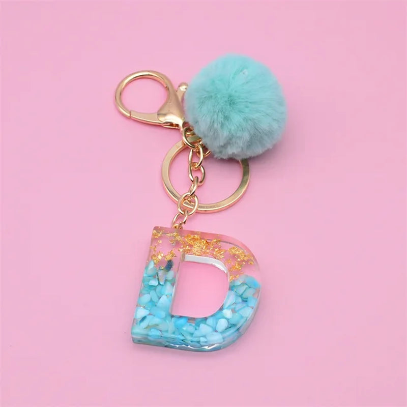 26 Initials Letter Key Pendant with Green Fluffy Pompom Fashion Girls Handbag Glitter Gradient Resin Alphabet Keychain Charms