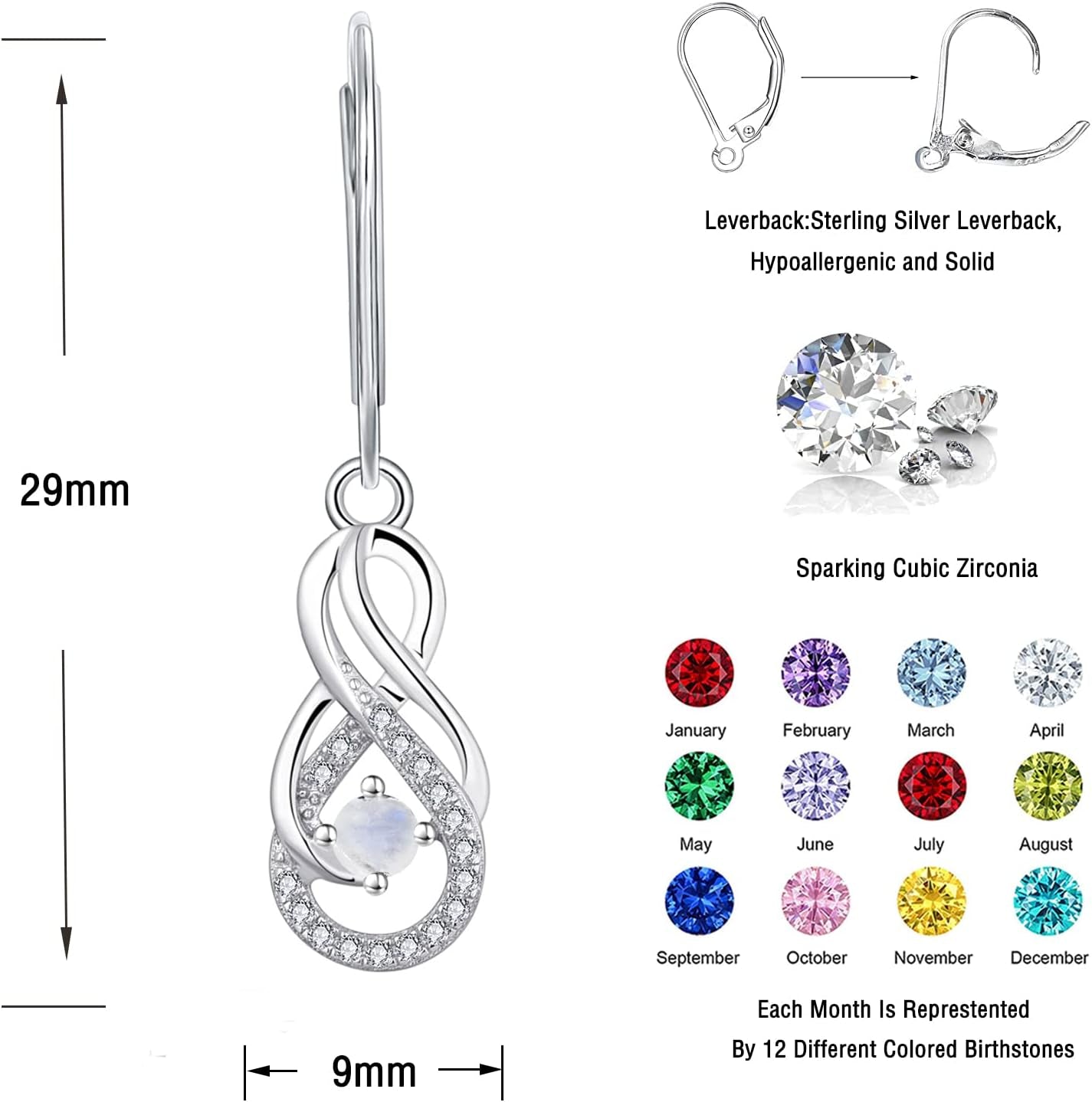 Earrings Infinity Dangle Drop Earrings Sterling Silver Leverback Earrings Gemstones Twisted Jewelry