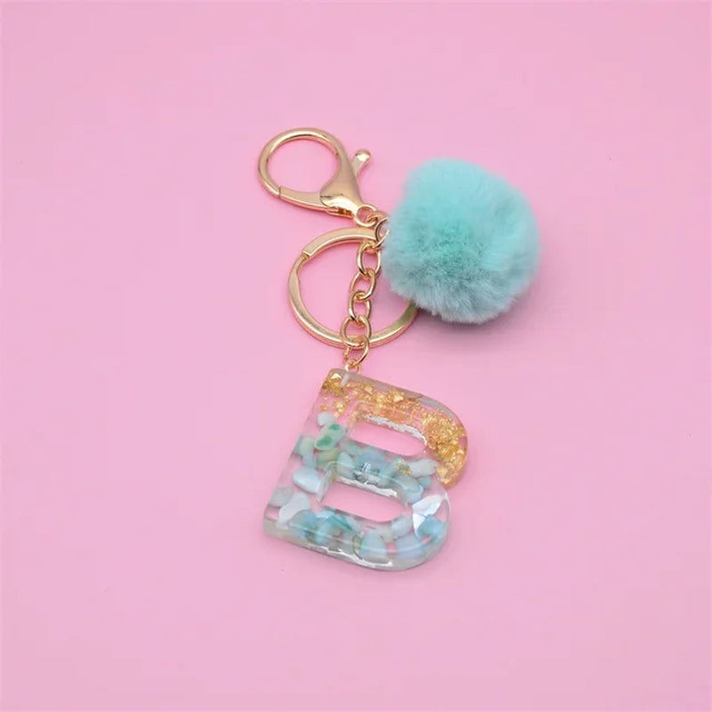 26 Initials Letter Key Pendant with Green Fluffy Pompom Fashion Girls Handbag Glitter Gradient Resin Alphabet Keychain Charms