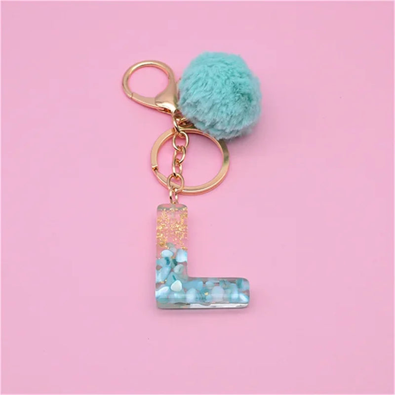 26 Initials Letter Key Pendant with Green Fluffy Pompom Fashion Girls Handbag Glitter Gradient Resin Alphabet Keychain Charms