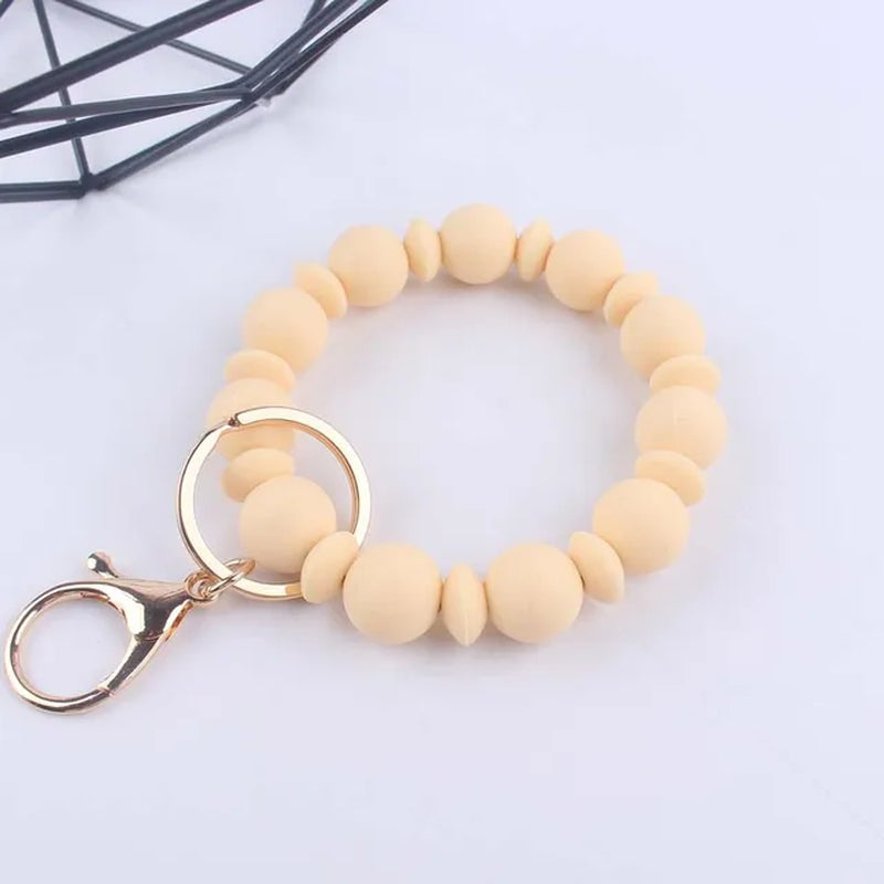 Creative Anti-Loss Women Wristlet Bracelet Keychain Food Grade Silicone round Beaded Keyring for Lobster Clasp Keychain Jewelry