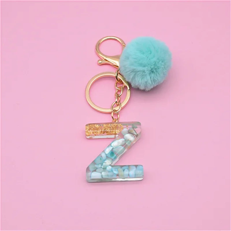 26 Initials Letter Key Pendant with Green Fluffy Pompom Fashion Girls Handbag Glitter Gradient Resin Alphabet Keychain Charms