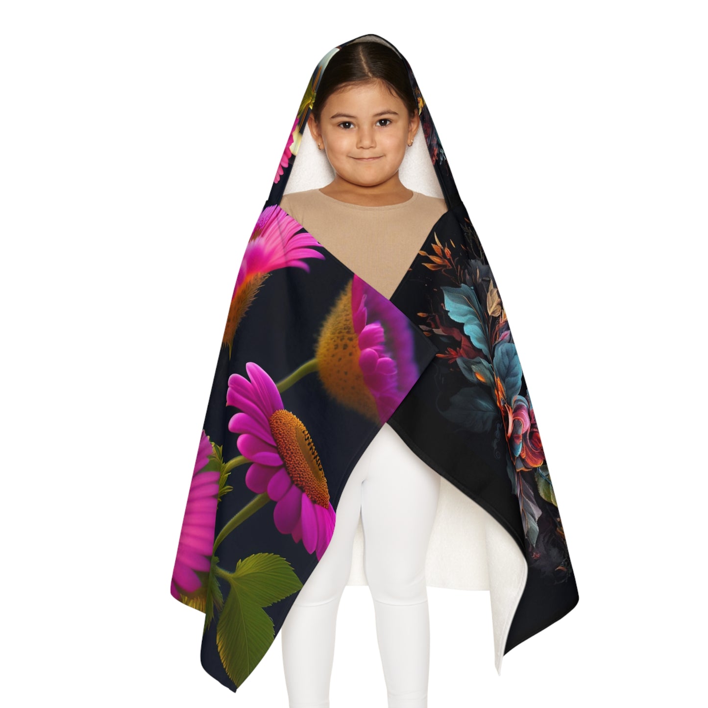 Youth Hooded Towel with Floral and Fiery Design, Cute Bathrobe for Kids, Beach or Pool Cover-Up, Perfect Summer Gift for Children