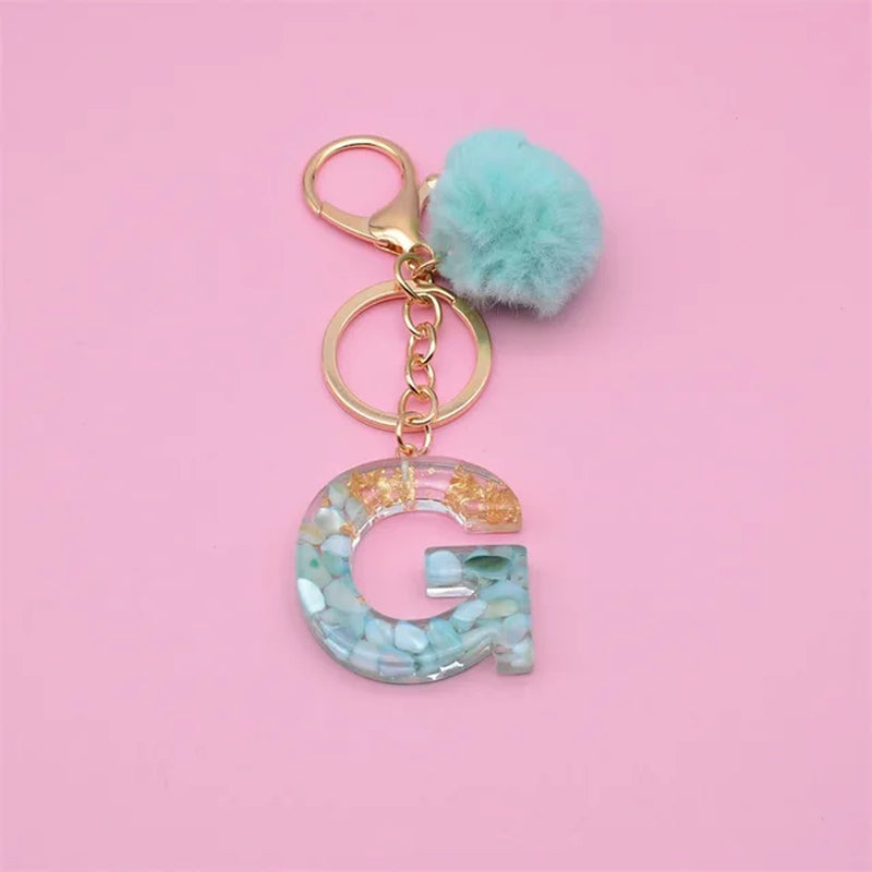 26 Initials Letter Key Pendant with Green Fluffy Pompom Fashion Girls Handbag Glitter Gradient Resin Alphabet Keychain Charms