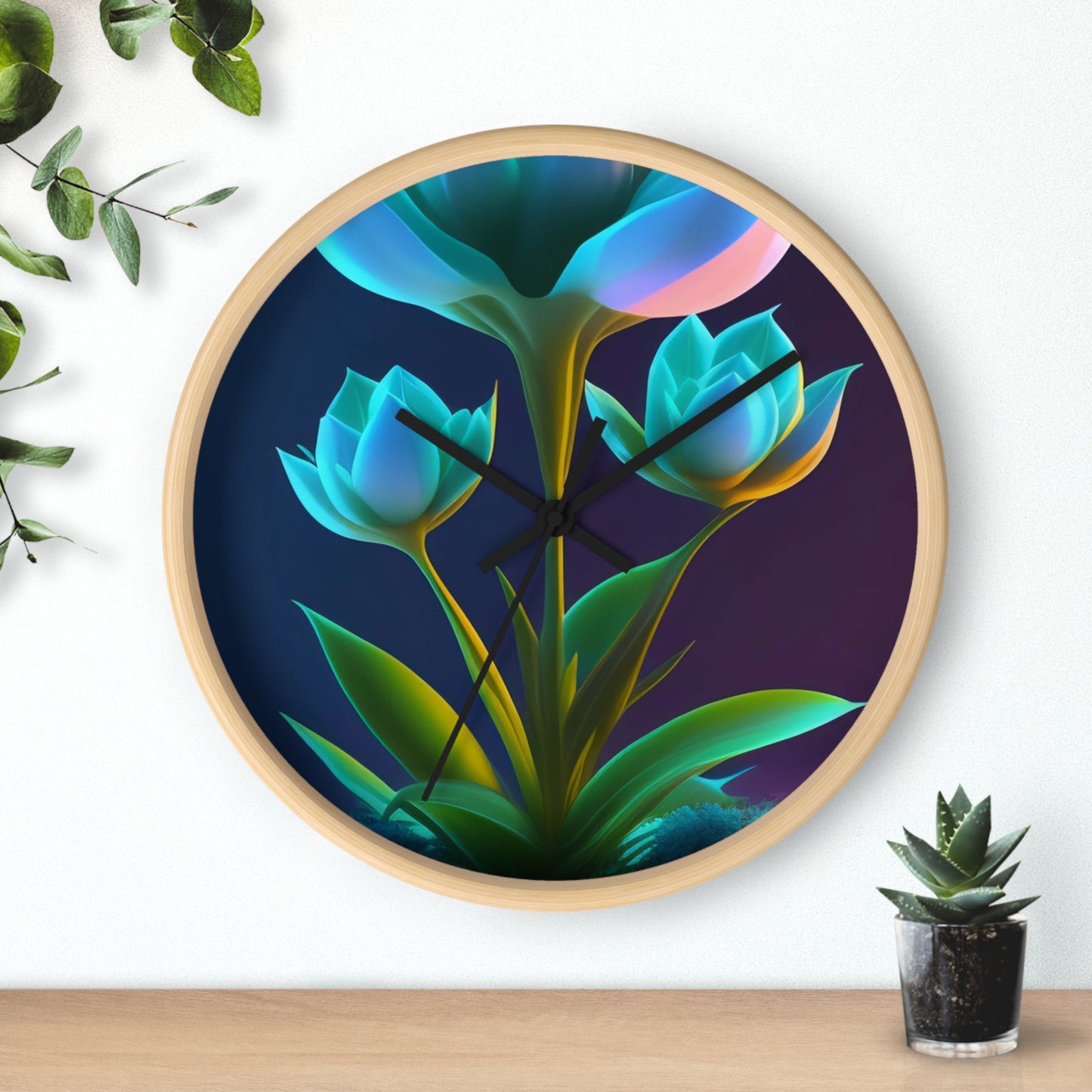 Botanical Glow Wall Clock, Floral Home Decor, Modern Clock, Unique Gift for Her, Gift for Birthdays, Housewarming, Living Room Decor