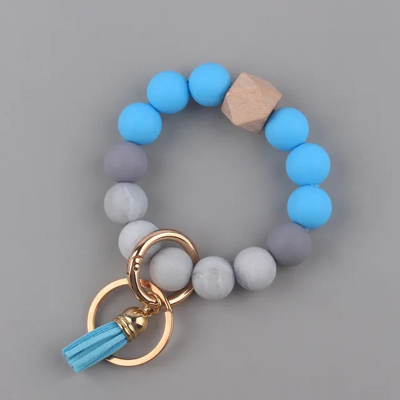 Creative Anti-Loss Women Wristlet Bracelet Keychain Food Grade Silicone round Beaded Keyring for Lobster Clasp Keychain Jewelry