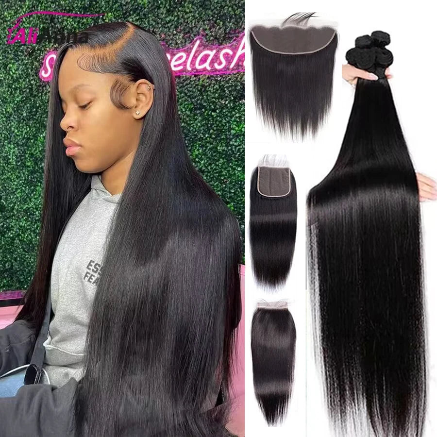 Human Hair Bundles with Frontal 30 Inch Bundles Peruvian Hair Extensions 4X4 5X5 6X6 Lace Closure Straight Human Hair Bundles