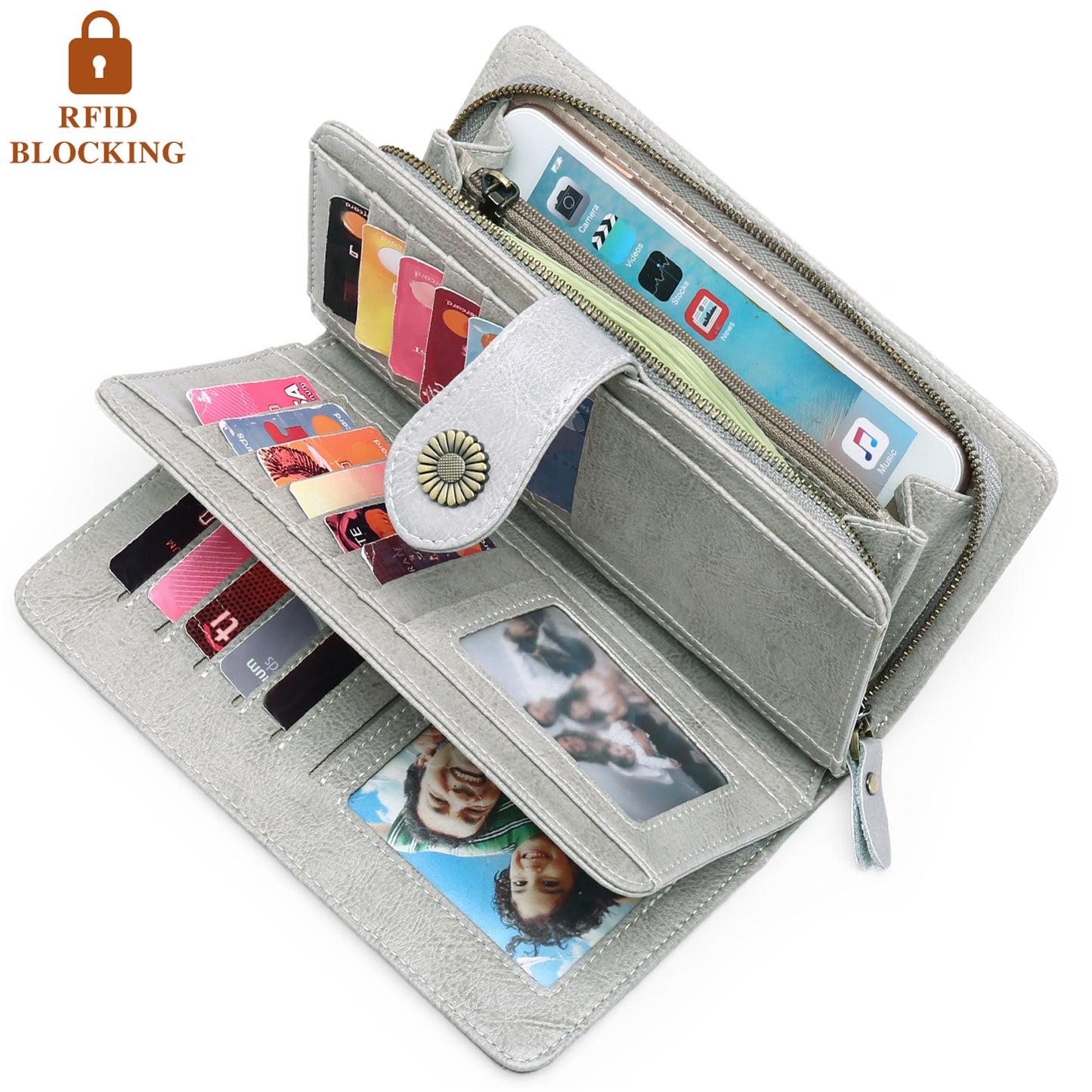 Wristlet Wallets for Women Genuine Leather RFID Blocking Large Capacity Trifold Ladies Wallet