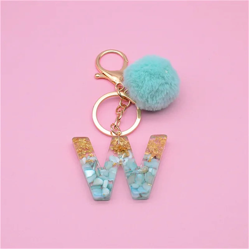 26 Initials Letter Key Pendant with Green Fluffy Pompom Fashion Girls Handbag Glitter Gradient Resin Alphabet Keychain Charms