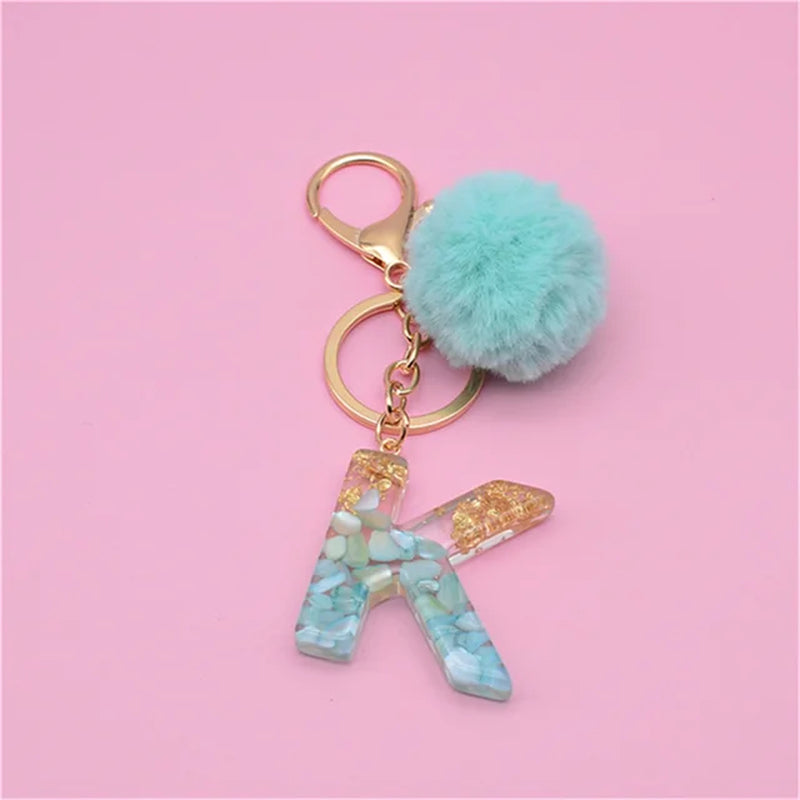 26 Initials Letter Key Pendant with Green Fluffy Pompom Fashion Girls Handbag Glitter Gradient Resin Alphabet Keychain Charms