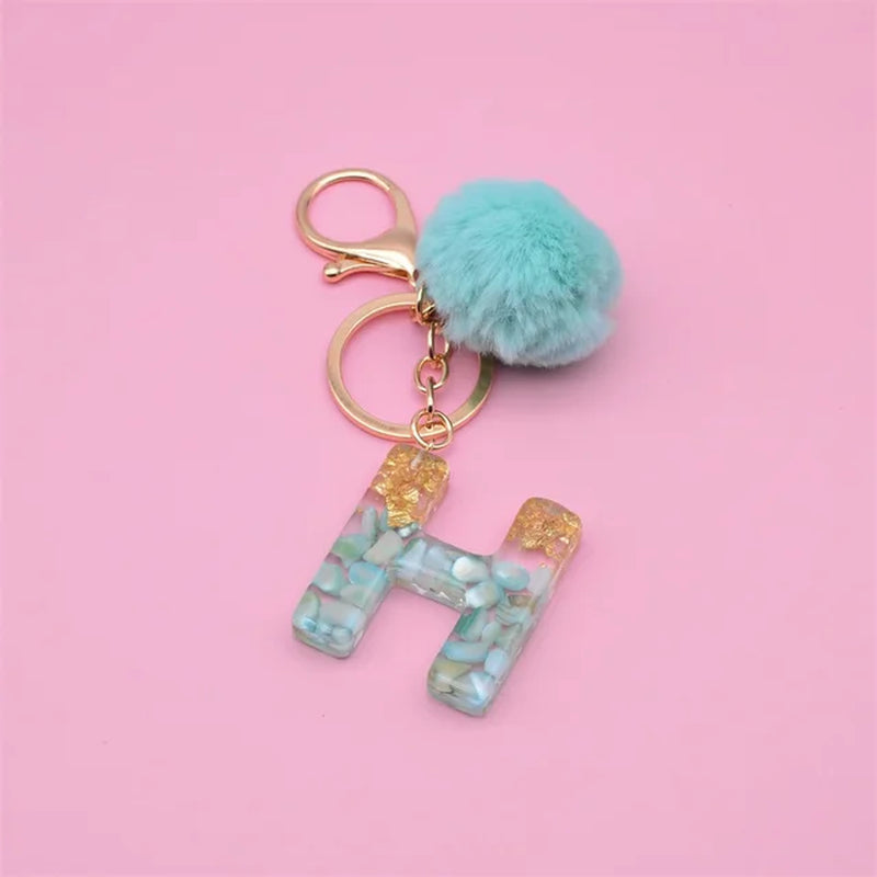 26 Initials Letter Key Pendant with Green Fluffy Pompom Fashion Girls Handbag Glitter Gradient Resin Alphabet Keychain Charms