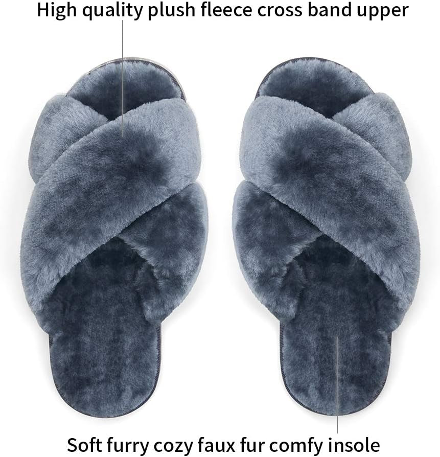 Women'S Cross Band Slippers Soft Plush Furry Open Toe Fur Slides Fuzzy Fluffy Slip on House Shoes Indoor Outdoor Slippers