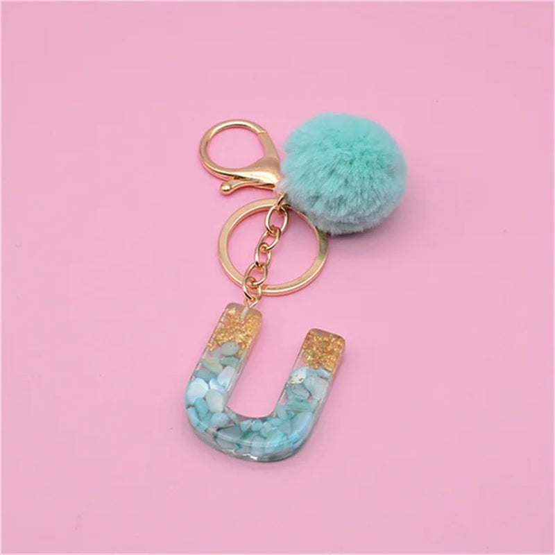 26 Initials Letter Key Pendant with Green Fluffy Pompom Fashion Girls Handbag Glitter Gradient Resin Alphabet Keychain Charms