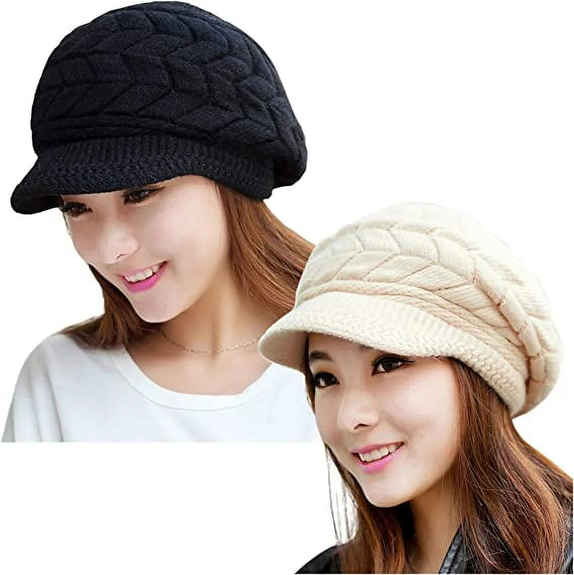 2 Pack Women Winter Hat Slouchy Warm Knit Beanie Cap Black and White