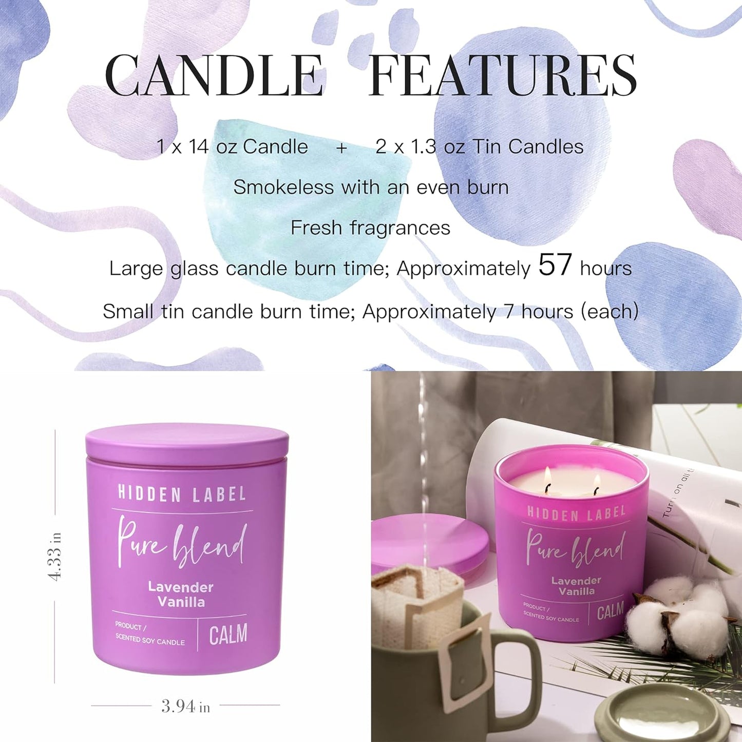 Lavender & Vanilla Large Candle,14Oz 2 Wicks, Soy Candles for Home, Gifts for Women Birthday Valentines Day Mothers Day Thanksgiving Day Christmas