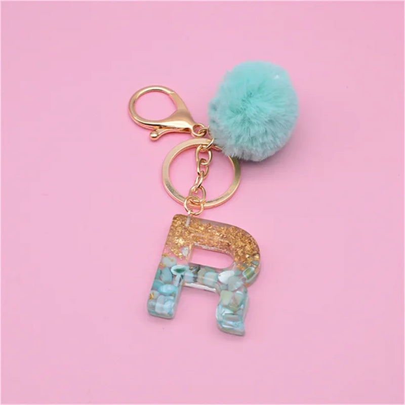 26 Initials Letter Key Pendant with Green Fluffy Pompom Fashion Girls Handbag Glitter Gradient Resin Alphabet Keychain Charms