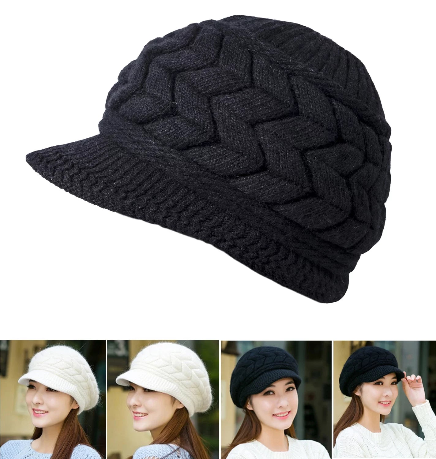 2 Pack Women Winter Hat Slouchy Warm Knit Beanie Cap Black and White