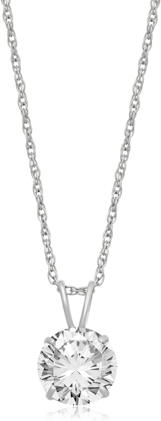 10K Yellow or White Gold 6.5MM (1 Cttw) or 8.0MM (2.0 Cttw) round Cut Cubic Zirconia Solitaire Pendant Necklace 18” Rope Chain