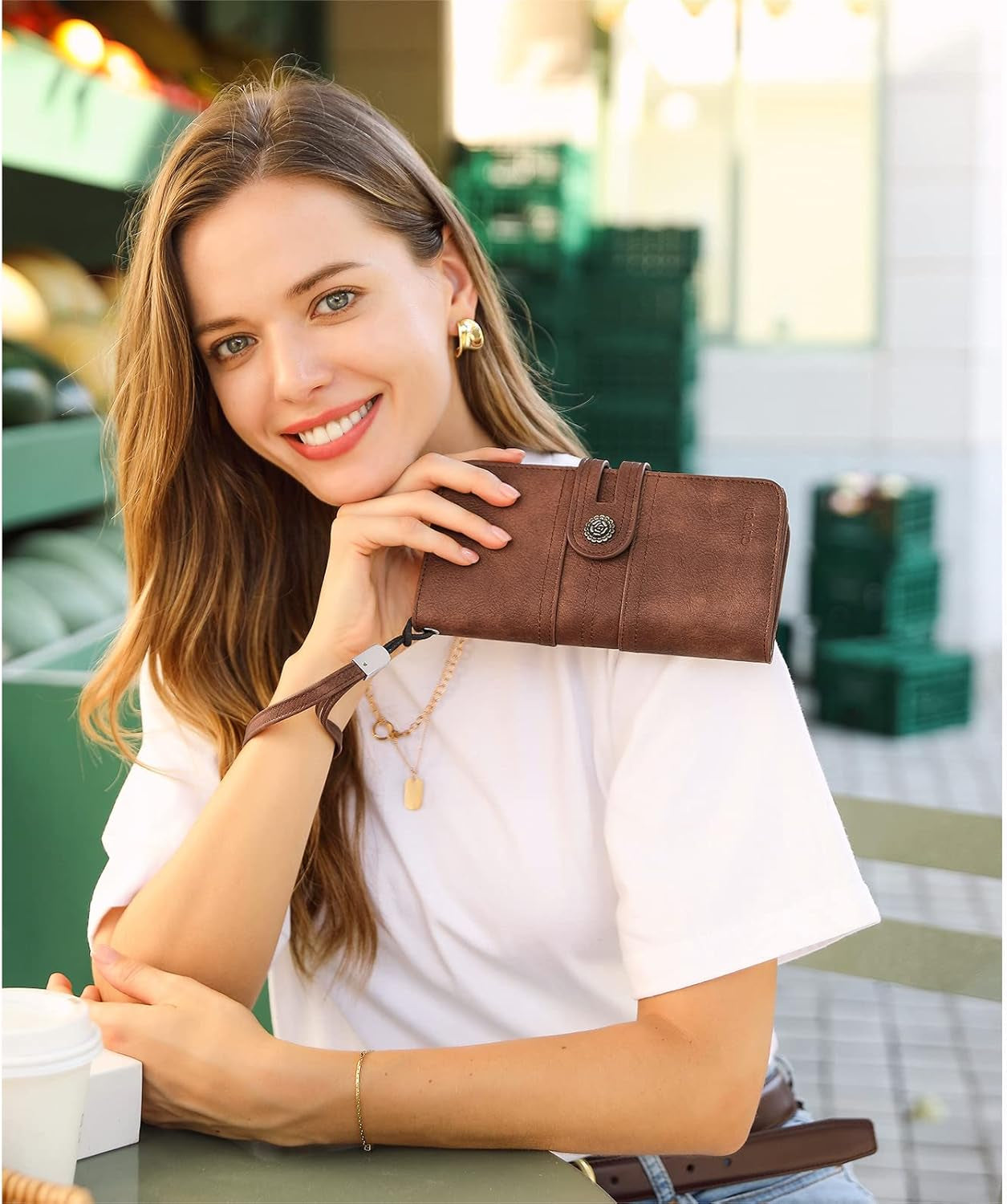 Women Wallet Large Leather Designer Card Holder Organizer Long Ladies Travel Clutch Wristlet Brown