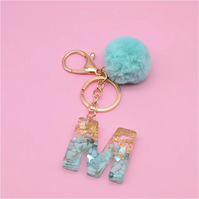 26 Initials Letter Key Pendant with Green Fluffy Pompom Fashion Girls Handbag Glitter Gradient Resin Alphabet Keychain Charms