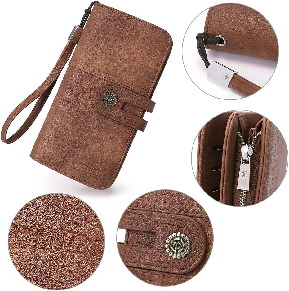 Women Wallet Large Leather Designer Card Holder Organizer Long Ladies Travel Clutch Wristlet Brown