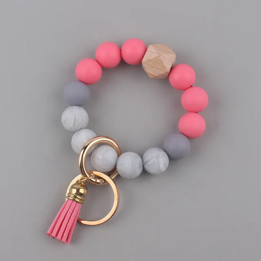 Creative Anti-Loss Women Wristlet Bracelet Keychain Food Grade Silicone round Beaded Keyring for Lobster Clasp Keychain Jewelry