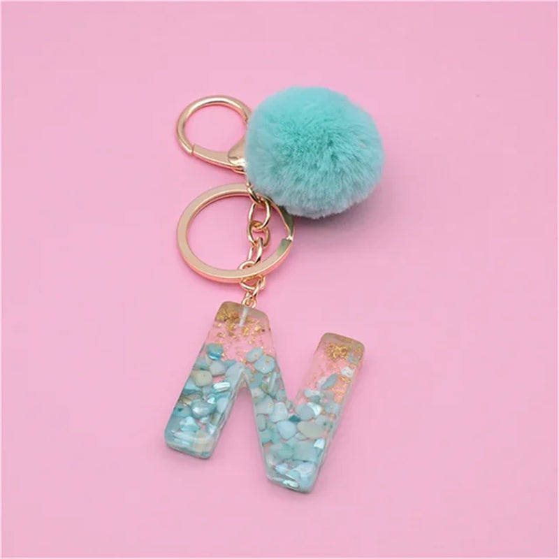 26 Initials Letter Key Pendant with Green Fluffy Pompom Fashion Girls Handbag Glitter Gradient Resin Alphabet Keychain Charms