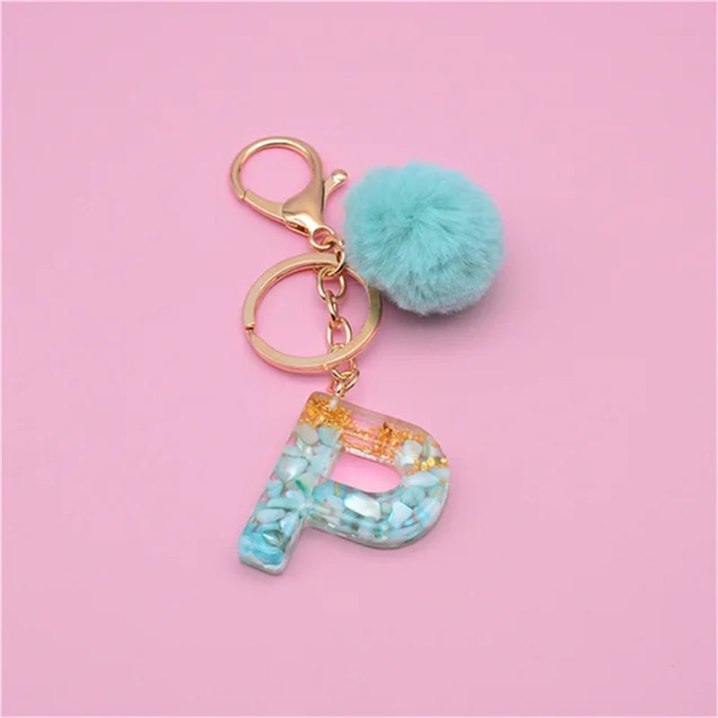 26 Initials Letter Key Pendant with Green Fluffy Pompom Fashion Girls Handbag Glitter Gradient Resin Alphabet Keychain Charms