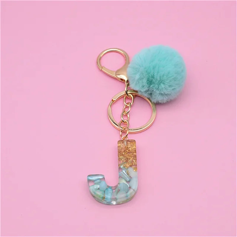 26 Initials Letter Key Pendant with Green Fluffy Pompom Fashion Girls Handbag Glitter Gradient Resin Alphabet Keychain Charms