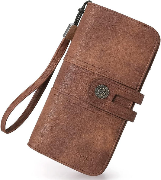 Women Wallet Large Leather Designer Card Holder Organizer Long Ladies Travel Clutch Wristlet Brown